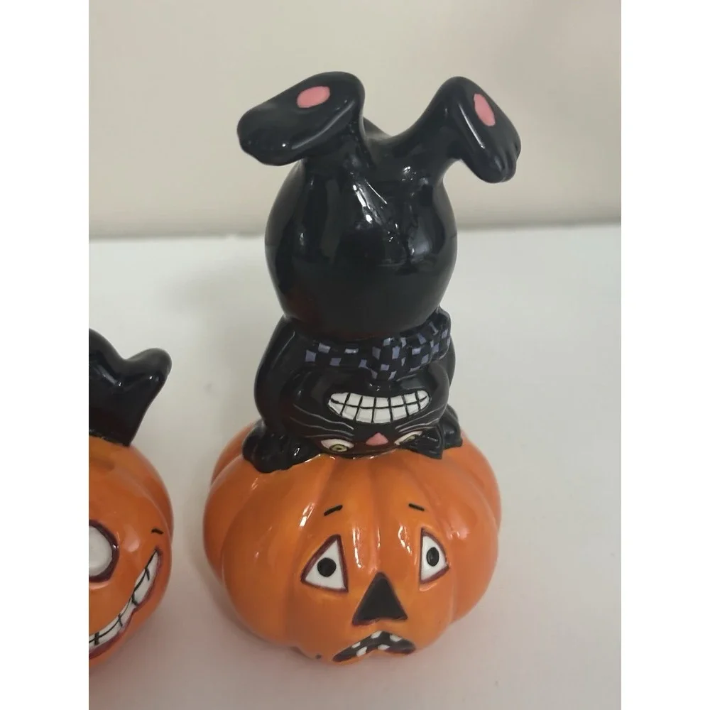 Trio of Ceramic Halloween Cat On Pumpkin Figurines Vintage Inspired Spooky